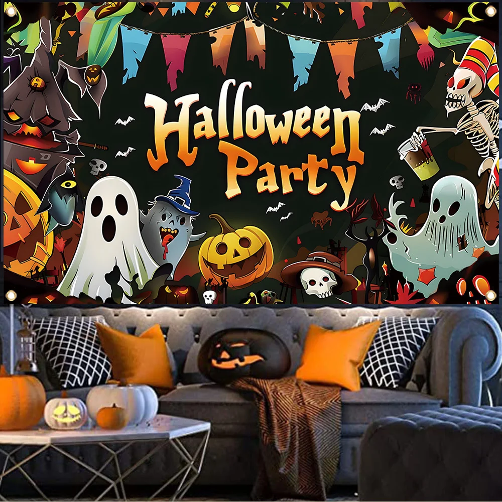 Декоративный баннер на Хэллоуин для фотосессии с тыквенным фонарем призраками и
