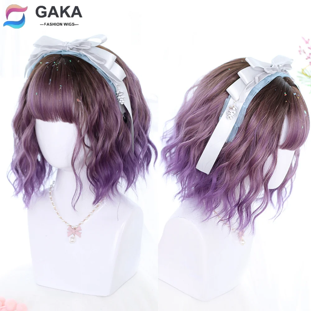 

GAKA Blue Pink Purple Bob Synthetic Wigs Lolita Short Bob Wig With Bangs Cosplay Wavy Synthetic Hair Wigs for Women Natural Hair