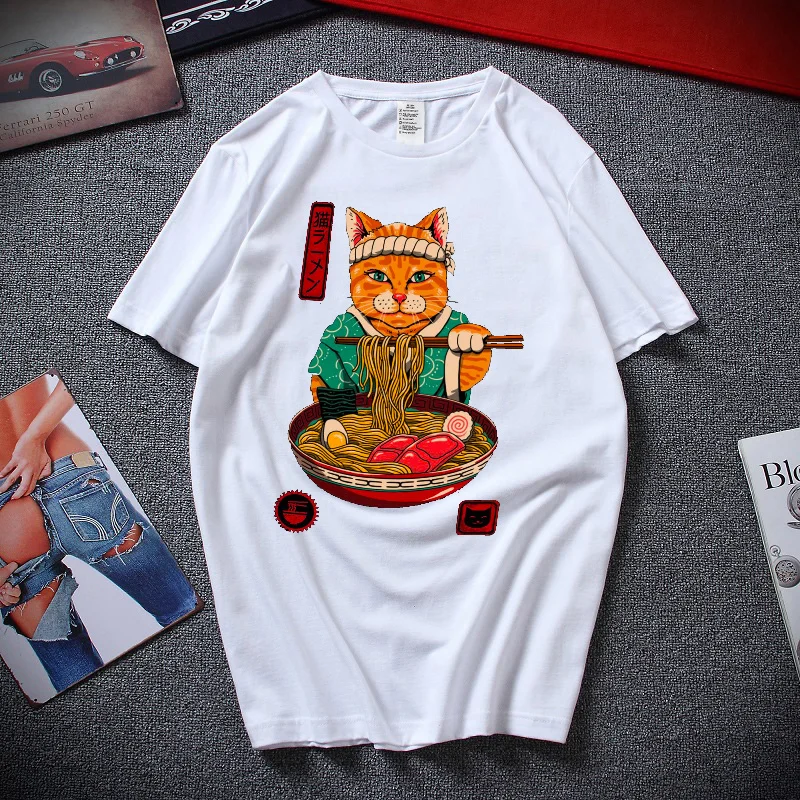 

Summer Men's T-Shirts Japanese-Style Harajuku Cat Print Cotton Men Clothing Fashion Oversized T Shirt High Quality Tops Blouse