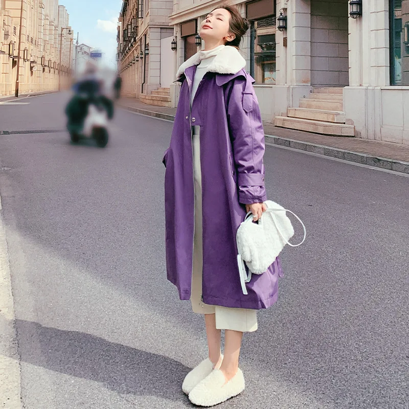 Purple Workwear Style Overcomes Women's Medium Long Winter Loose Thickened Cotton Shirt