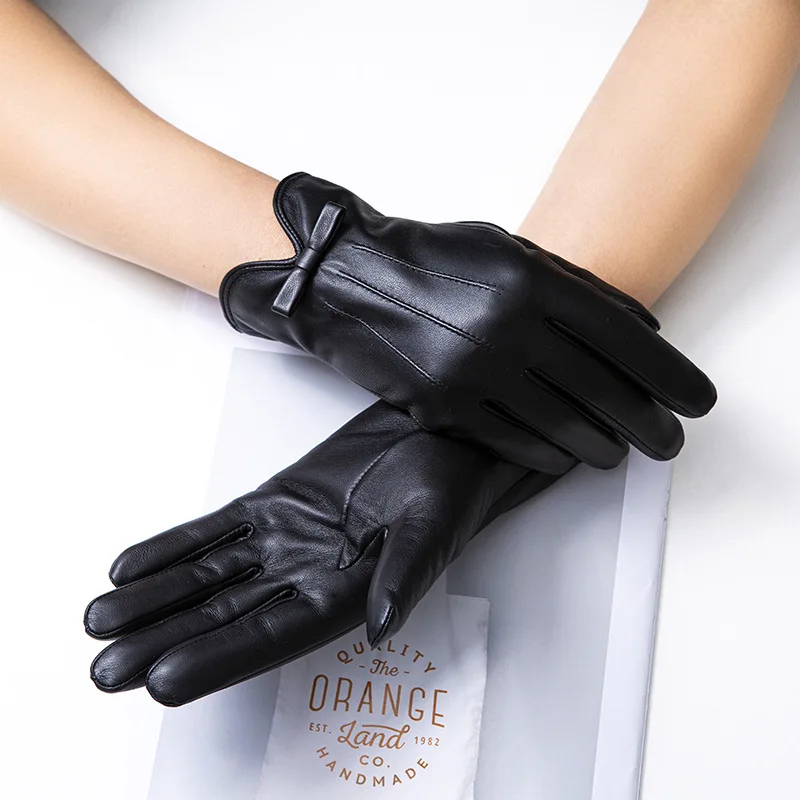 

Women Sheepskin Gloves Fashion Wrist Bow Solid Women Leather Glove Thermal Winter Driving Keep Warm leather gloves