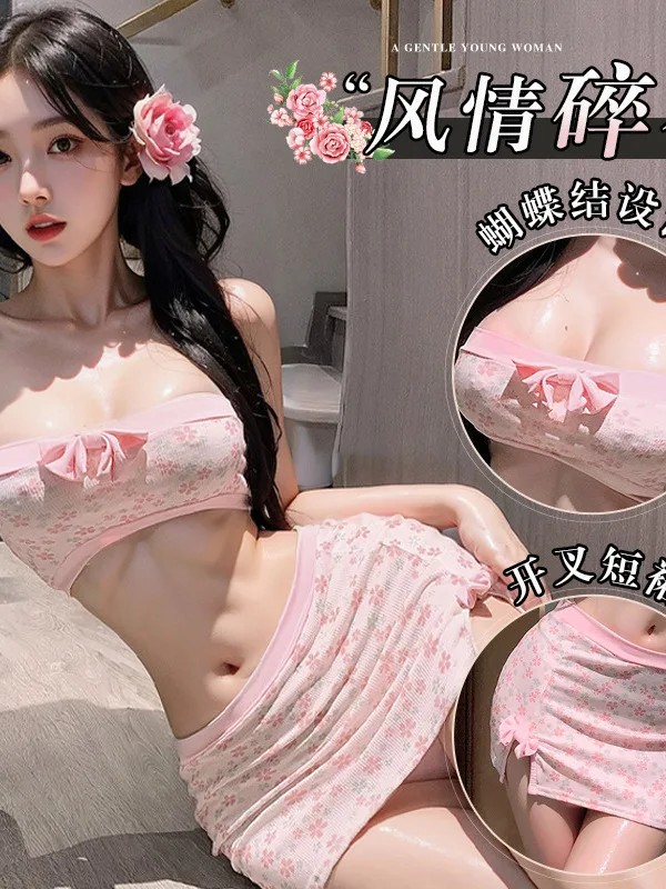 Без бретелек с бантом сексуальный комплект разрезом и сломанными цветами юбка на