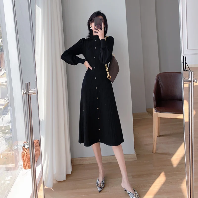 

Knitted Sweater Dress Women Long Sleeved Dress 2023 Winter Clothes Women Korean Fashion Half High Neck Dresses Women Long Dress
