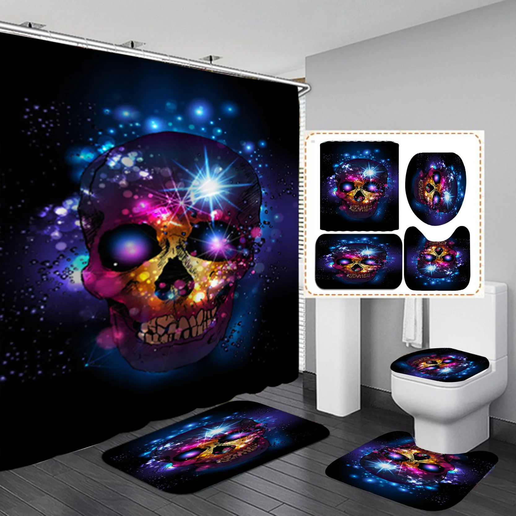 Horror Skeleton Print 3D Shower Curtain Waterproof Polyester Bathroom Curtain Halloween Anti-slip Bath Mat Set Toilet Rugs Carpe