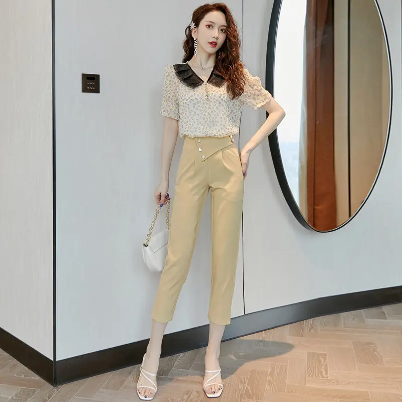 

2022 Summer Women New 2 Piece Sets Female Short Sleeve Polka Dot Chiffon Shirts + High Waist Straight Pants Ladies Suits P89