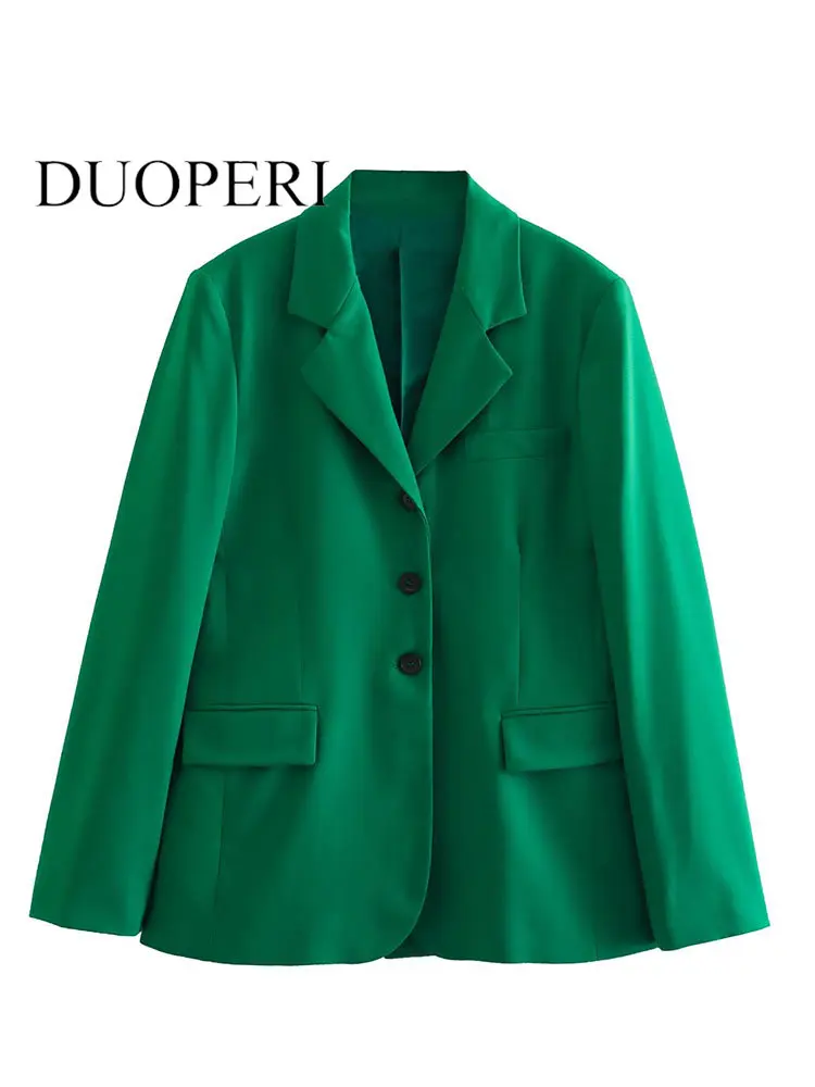 

DUOPERI Women Fashion With Pockets Green Single Breasted Blazer Vintage Notched Neck Long Sleeves Female Chic Lady Outfits
