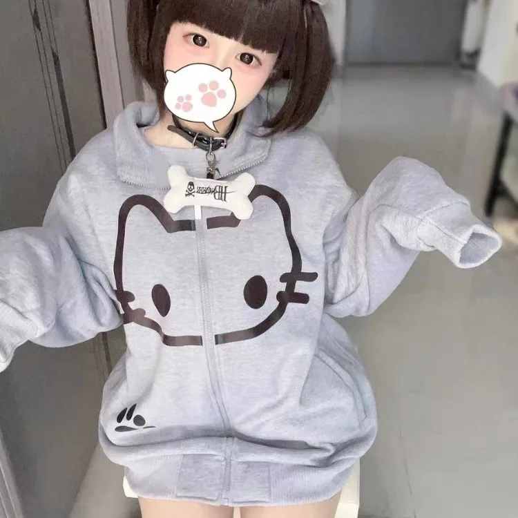 Harajuku Sweet Cute Cat Серые куртки с воротником-стойкой 2024 Осенний кардиган Пальто