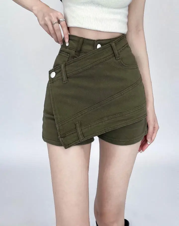 Women's Summer INS Spicy Girl A-line Pants Slim Fit High Waist Skirt Wide Leg Hot Pants High Quality Military Green Denim Shorts