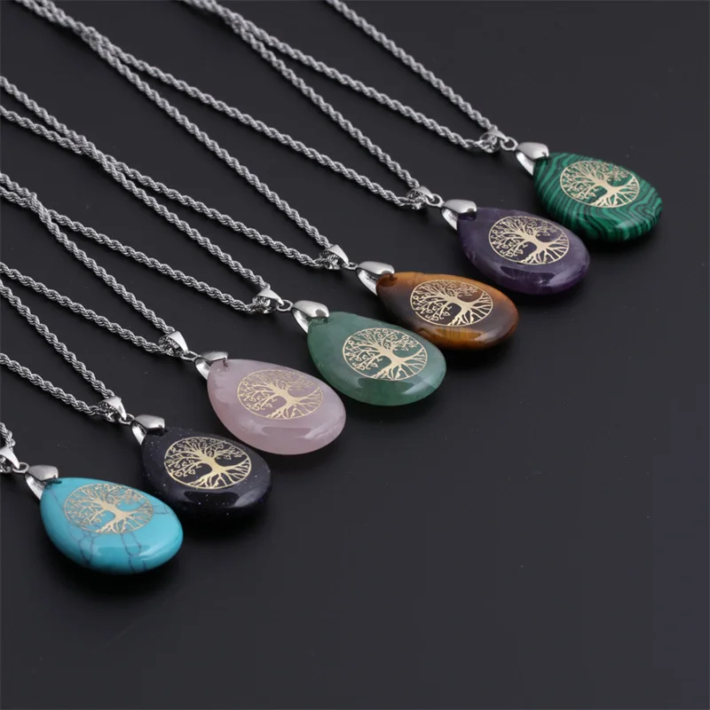 Natural Semi-precious Stone Teardrop Pendant Necklace 40+5cm Tree of Life Tiger Eye Stone Alloy Fashion Pendant Jewelry Gift