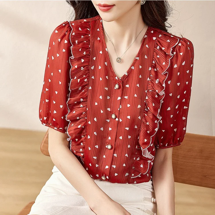 Fashion luxury ladies chiffon shirt France style woman printing blouse Spring Summer short sleeve Tops blusa mujer