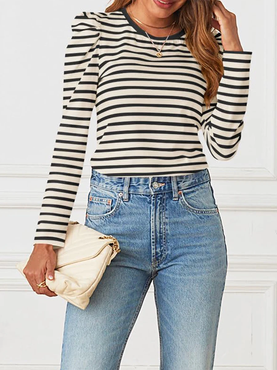 Женская трикотажная футболка в полоску с длинным рукавом и круглым вырезом