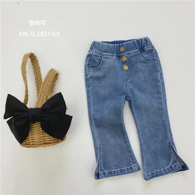 

Демисезонные модные джинсовые брюки для девочек с пуговицами 2022, детские джинсовые брюки для малышей