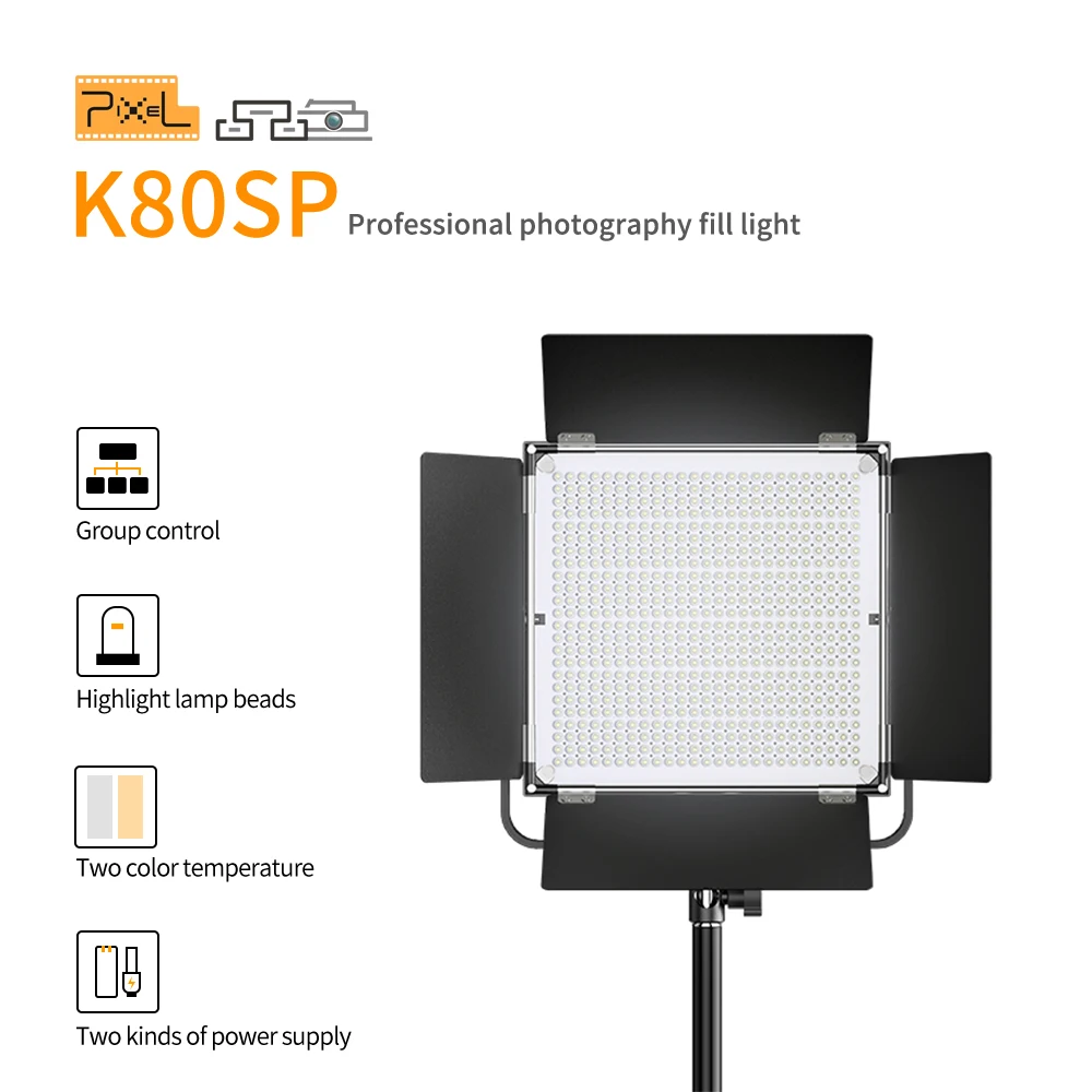 

Pixel K80SP CRI96 Dimmable Bi-color Camera Photo Lamp LED Panel Video Light for Studio Photography