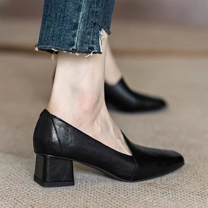 Женские туфли на мелком каблуке с квадратным носком женские кожаные массивном