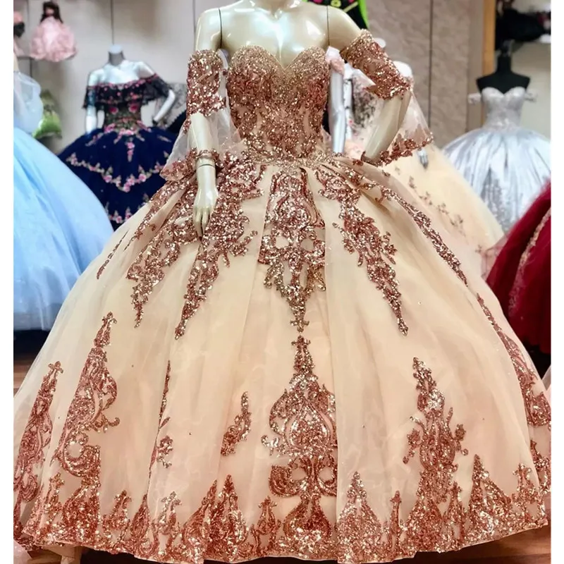 

Rose Gold Sequined Quinceanera Ball Gown Dresses Sweetheart Sequins Lace Appliques Crystal Tulle Sweet 16 Corset Back Party