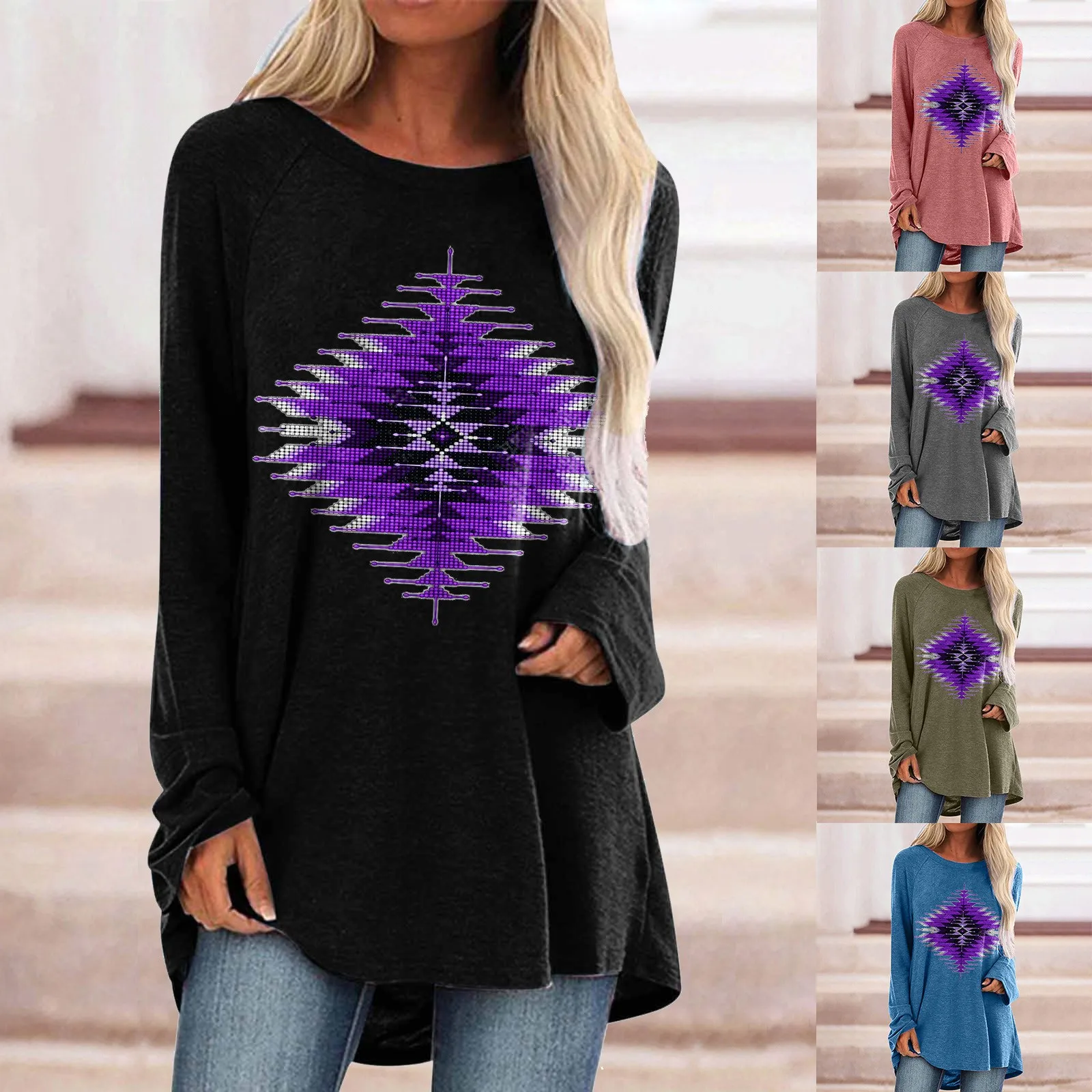 

Womens Long Sleeve Crew Neck Ethnic Style Printed T T Shirts Solid Colors Women Shirts for Women Striped Active Loose Tops Women