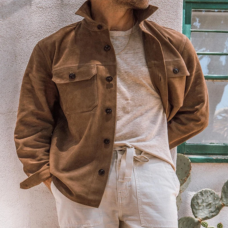 

Мужская куртка в стиле ретро, однотонная куртка-карго с длинными рукавами, Повседневная модная верхняя одежда с отложным воротником и карма...