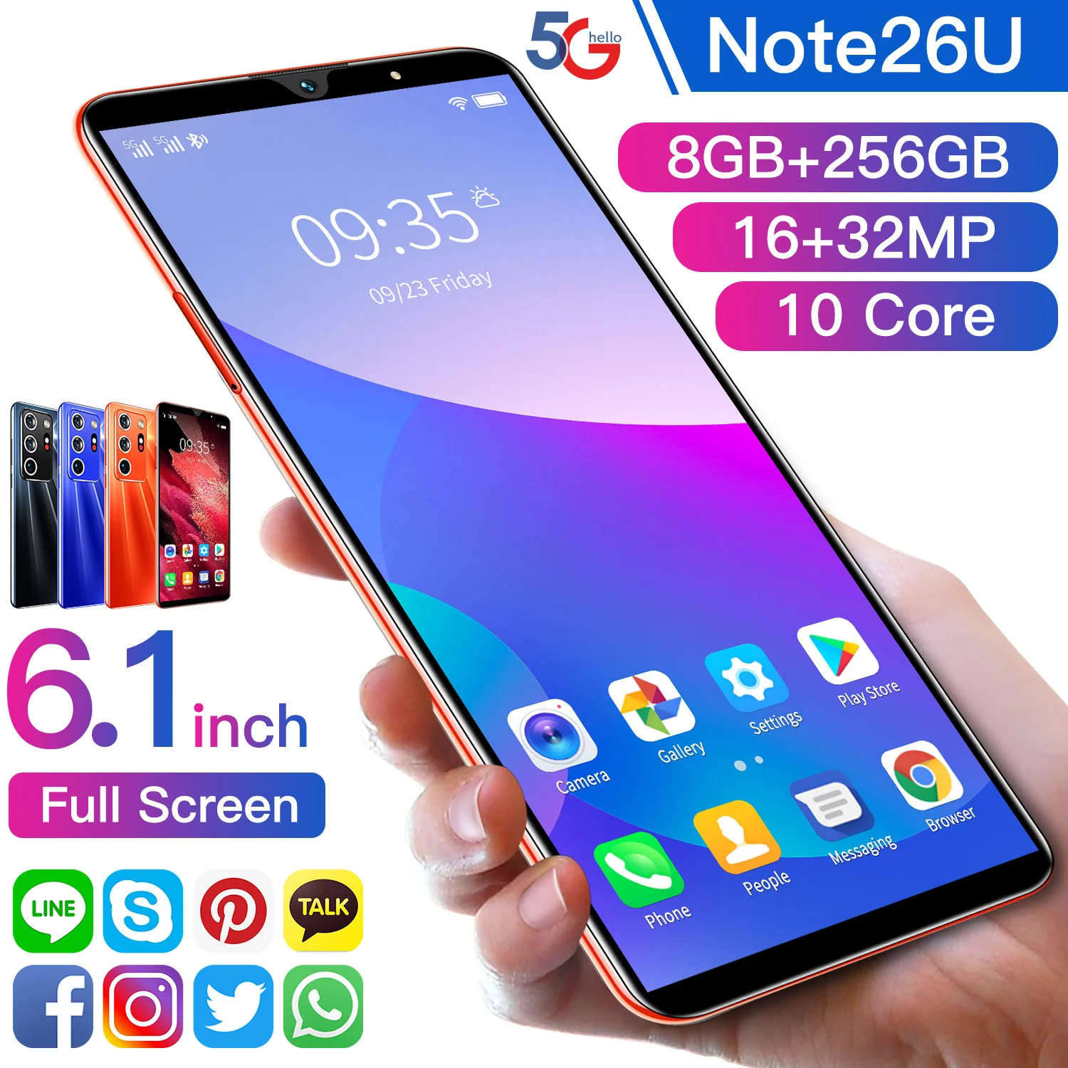 Best Selling Mobile Note26U Smartphones 2022 6.1 Inch Full Screen Android Portable 5G Game Phone 8GB+256GB Celuaressmartphone