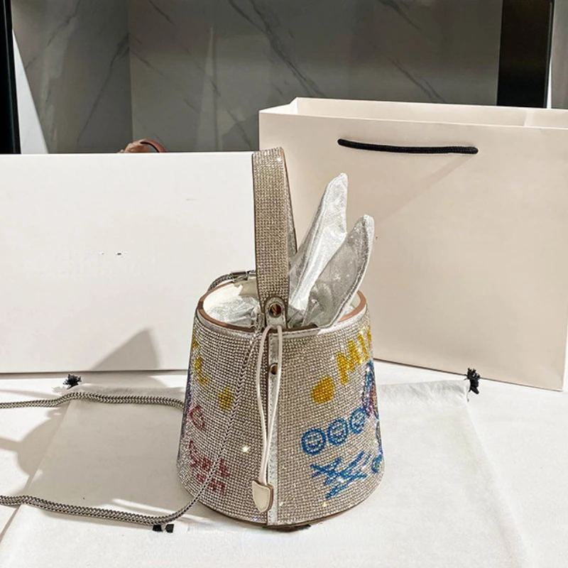 Fashion Rhinestone Handbags for Women 2023 Designer Luxury Sac a main Femme Sparkle Mini Bucket Shoulder Ladies Hand Bags