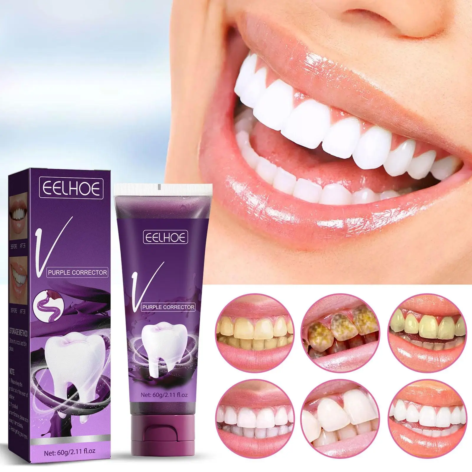 

Purple Whitening Toothpaste Removes Stains Teeth Oral Hygiene Mousse Colour Corrector Breathing Freshener Toothpaste 60g