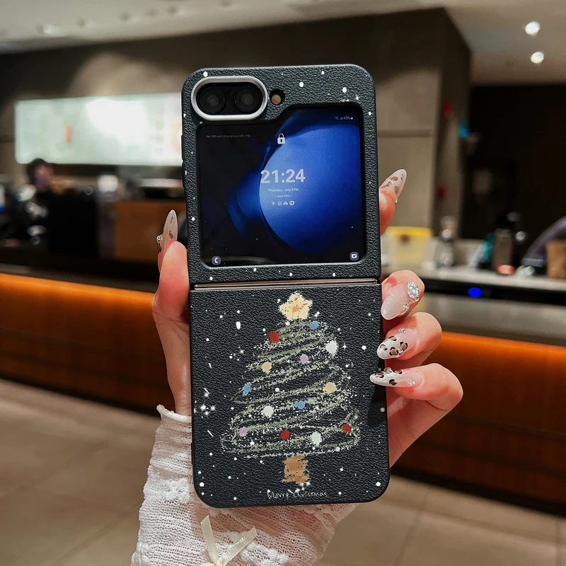 Christmas Tree Case For Samsung Galaxy Z Flip6 Flip5 Flip4 Leather Texture Silicone Folding Cover Flip 6 5 4 3
