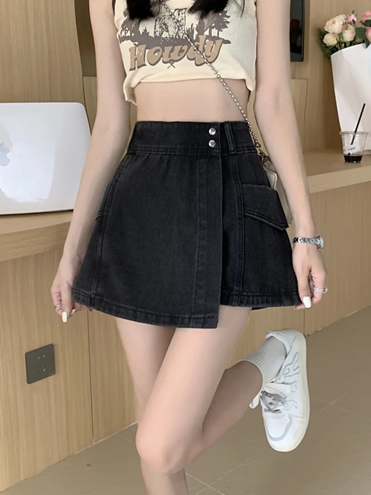 Streetwear Women High Waist Loose Retro Denim Shorts Skirts Spring Summer Women Asymmetrical Button Jeans Shorts