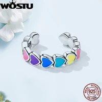 wostu genuine 925 sterling silver women multicolor enamel heart mono ear cuff earrings rainbow trend jewelry gift for girl 1pcs