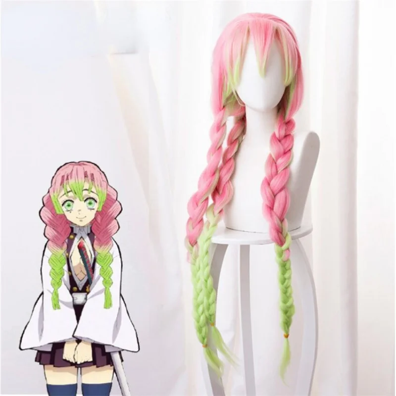 

Anime Demon Slayer Cartridge Mitsure No Yaiba Women Cosplay Wig Green Pink Colorful Hair Braids Hair
