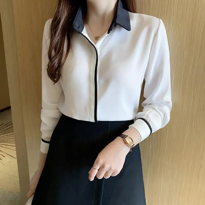 

White Spring and Autumn New Fashion POLO Collar Solid Color Shirt Women's Long-sleeved Chiffon Top Casual Female Blouse Button