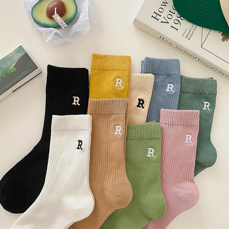 

Women Middle Tube Socks Spring Autumn Casual Candy Colors Stripe Short Socks Girls Comfortable Letter Embroidery Cotton Socks