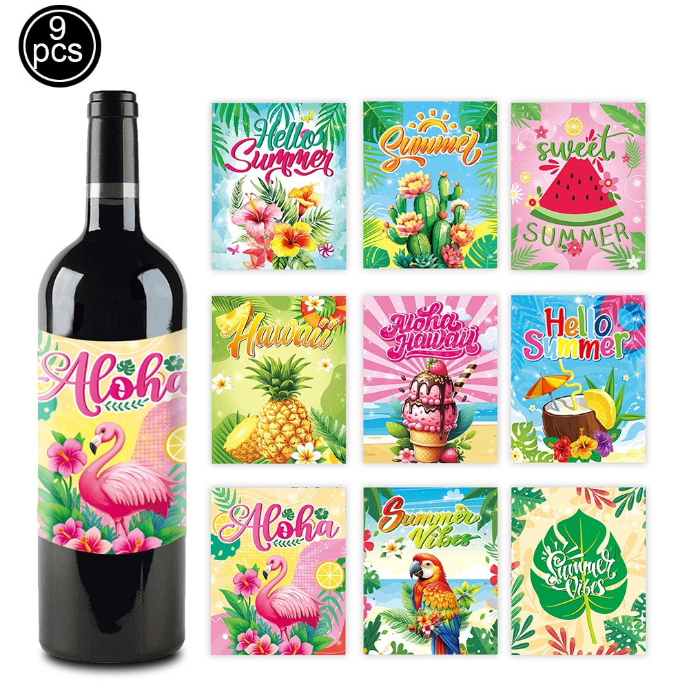 

9 шт., наклейки на бутылку вина на Гавайскую тематику, розовые наклейки с фламинго и ананасом, летние принадлежности для пляжной вечеринки, украшения 4,02 × 5 дюймов