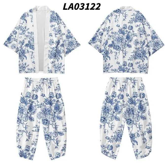 Men Print 2PCS Robe Sets Casual Loose Half Sleeve Kimono Robe Ankle-Length Sleep Bottoms Sleep Suit Large Size S-6XL Home Wear
