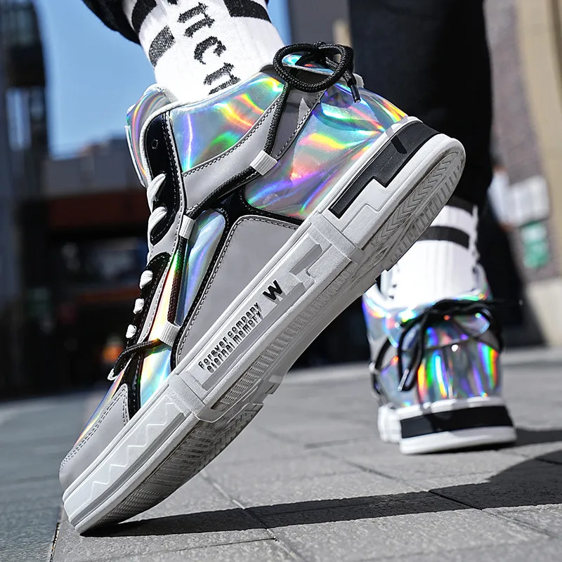 Brand Fashion Design Men's Shoes Luxury Mirror Glitter Men High top Sneakers Platform Streetwear Hip hop Men's Skateboard Shoes