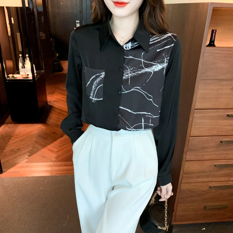 

COIGARSAM Shirt Womens Tops Spring 2022 New French Style Vintage Geometric Turn-down Collar Women Shirts Dropshipping