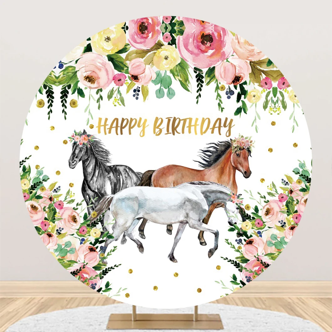 

Laeacco Horse Birthday Round Backdrop Floral Cowgirl Flower Western Farm Baby Shower Portrait Customized Photography Background