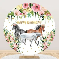 laeacco horse birthday round backdrop floral cowgirl flower western farm baby shower portrait customized photography background