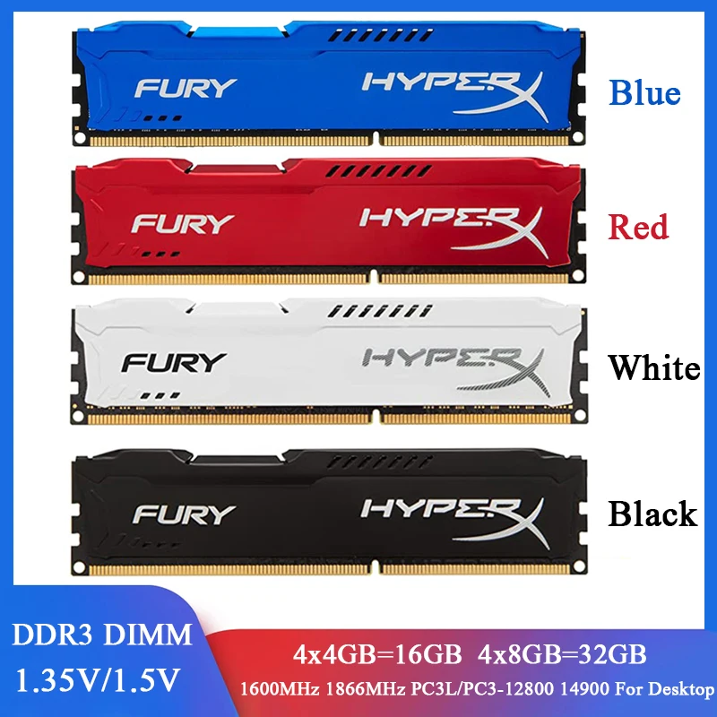 Memoria RAM DDR3 4x4GB 16GB 4x4GB 32GB 1600MHz 1866MHz Desktop Memory PC3/PC3L-14900 12800 240Pin DIMM 1.5V/1.35V HypeX Memory