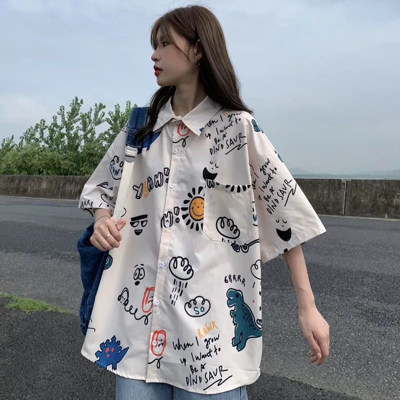 Cartoon Printing Ladies Shirts Casual Loose Short Sleeve Women's Blouses Summer Shirts Tops Blusas Mujer