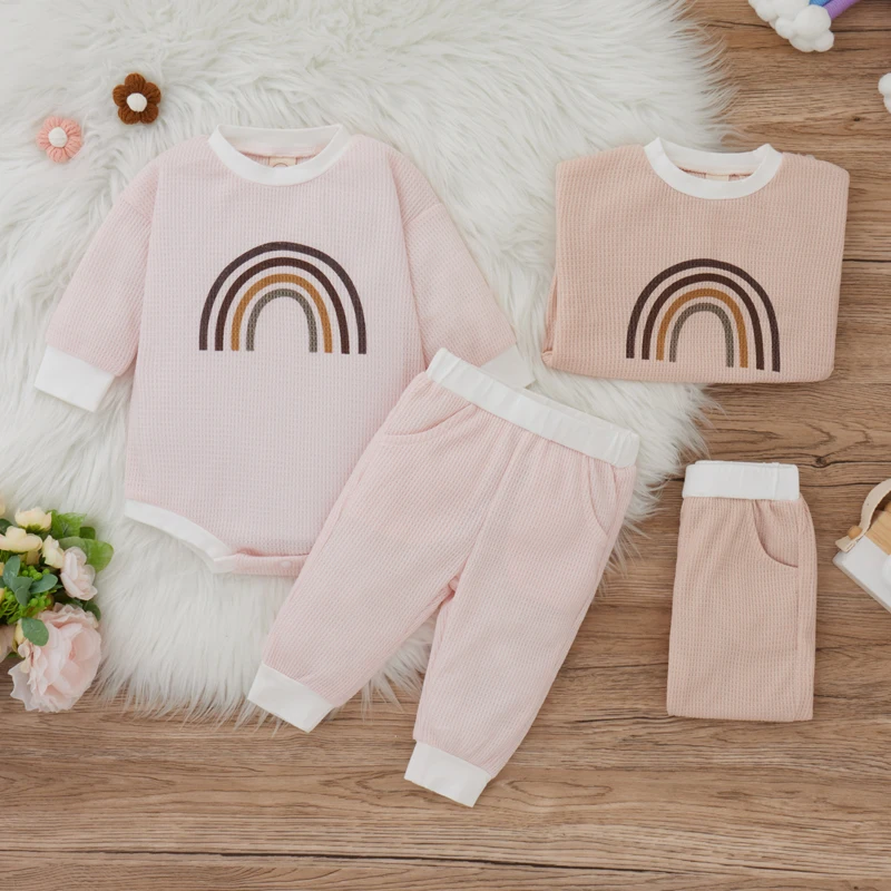 

0-12 Months Baby Long Sleeve Romper + Pants, Rainbow Pattern Elastic Waist Classic Round Neck Spring Clothing