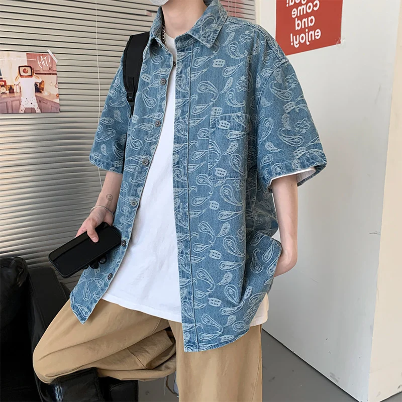 

Summer Holiday Half Sleeve Denim Men Print Casual Shirts Turn-Down Collar Loose Tops Street Single Breasted Preppy Shirt