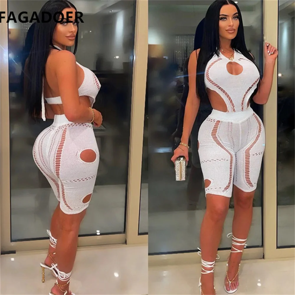 FAGADOER Sexy Patchwork Mesh Short Jumpsuit Women Cut Out Sleeveless Playsuit Summer Bodycon Rompers Clubwear Bodysuits 2022 New