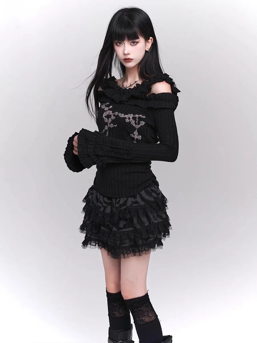 Женская кружевная мини-юбка REDDACHiC Grunge черная Пышная юбка с эластичной талией и