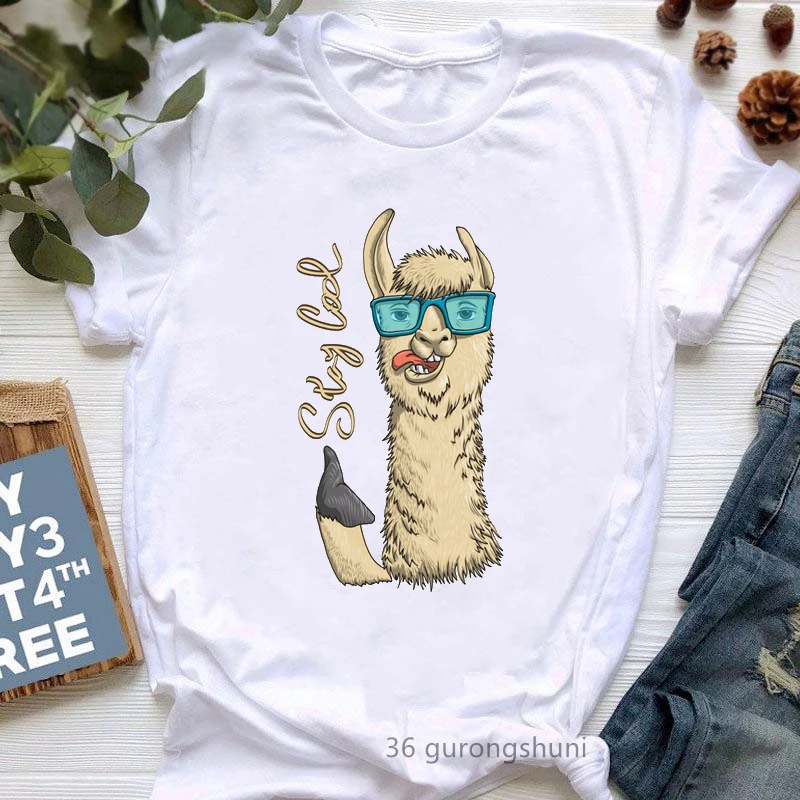 Funny T Shirt Women'S Clothing Stay Cool Llama Graphic Print Tshirt Femme Summer Fashion Short Sleeve Female T-Shirt Streetwear