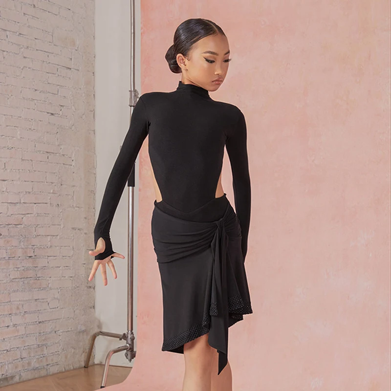 Костюм для латинских танцев девочек топы с высоким воротником и длинными