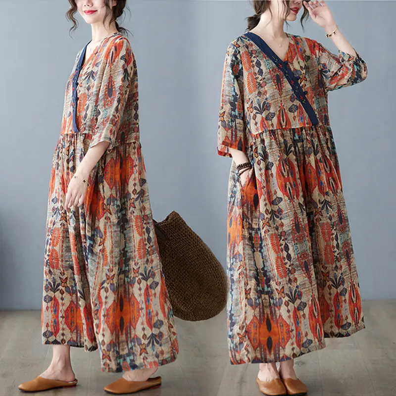 

Одежда большого размера в литературном ретро-стиле, платье из хлопка и льна с цветочной пряжкой, женское длинное платье в этническом стиле н...