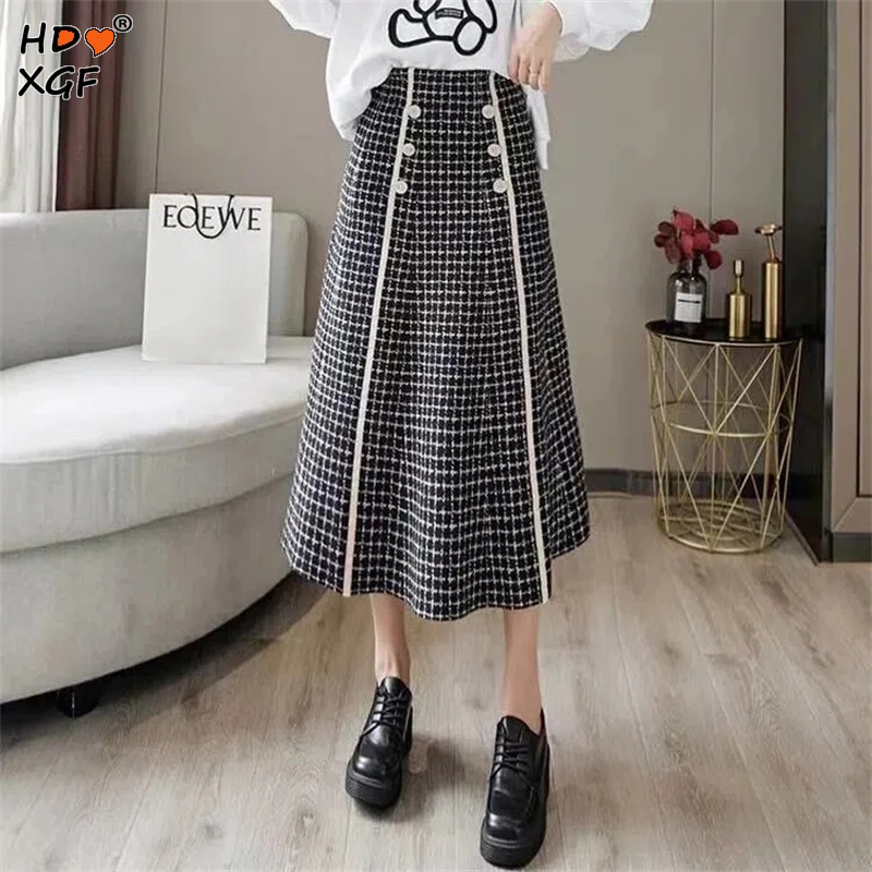 

Юбка-миди трикотажная клетчатая на пуговицах, с высокой талией