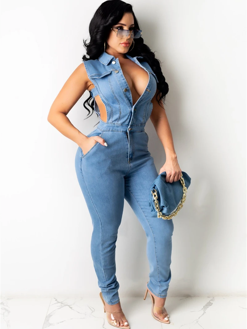 

Sexy Denim Jumpsuits for Women 2023 Summer Clothing Sleeveless Hollow Out Jeans Jumpsuit INS Fashion One Piece Overalls Playsuit