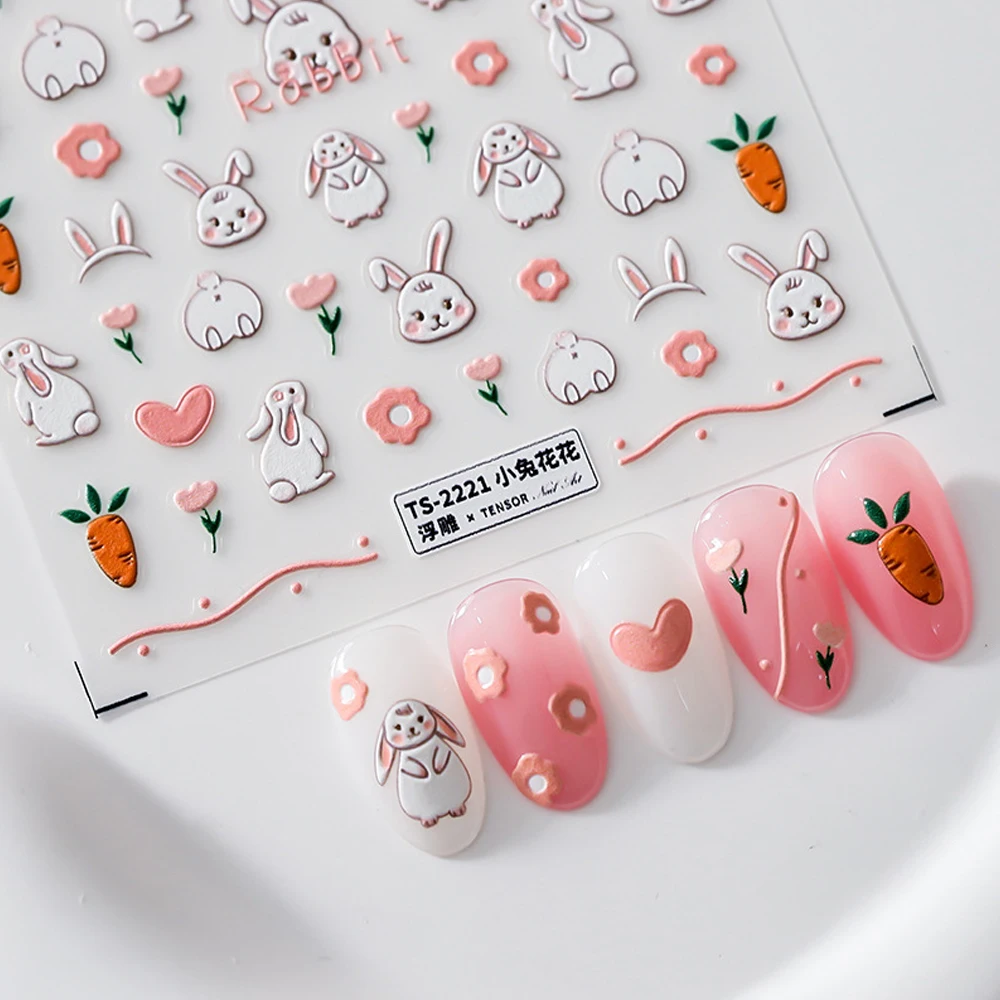 

Cartoon Series Embossed Nail Art Stickers 5D Bunny Blossom Decor Design Ultra-thin Charm Sliders Manicure Decals Nails Supplies