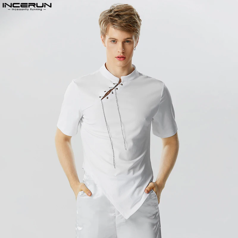 

INCERUN Tops 2023 Chinoiserie Handsome Men's Knitting Design Shirts Party Shows Male Solid Chain Mesh Short Sleeve Blouse S-5XL