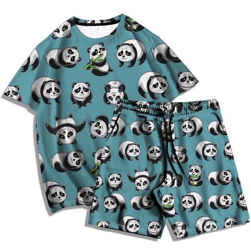 China Panda Cartoon 3D Printed T-shirt Shorts Suit Summer Men Sports Suit 2-piece Set Casual Beach Holiday Wear Men's Sportswear